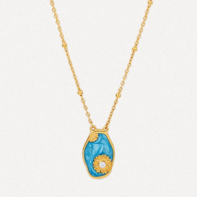 Mint Enamel Sunflower Pendant Necklace