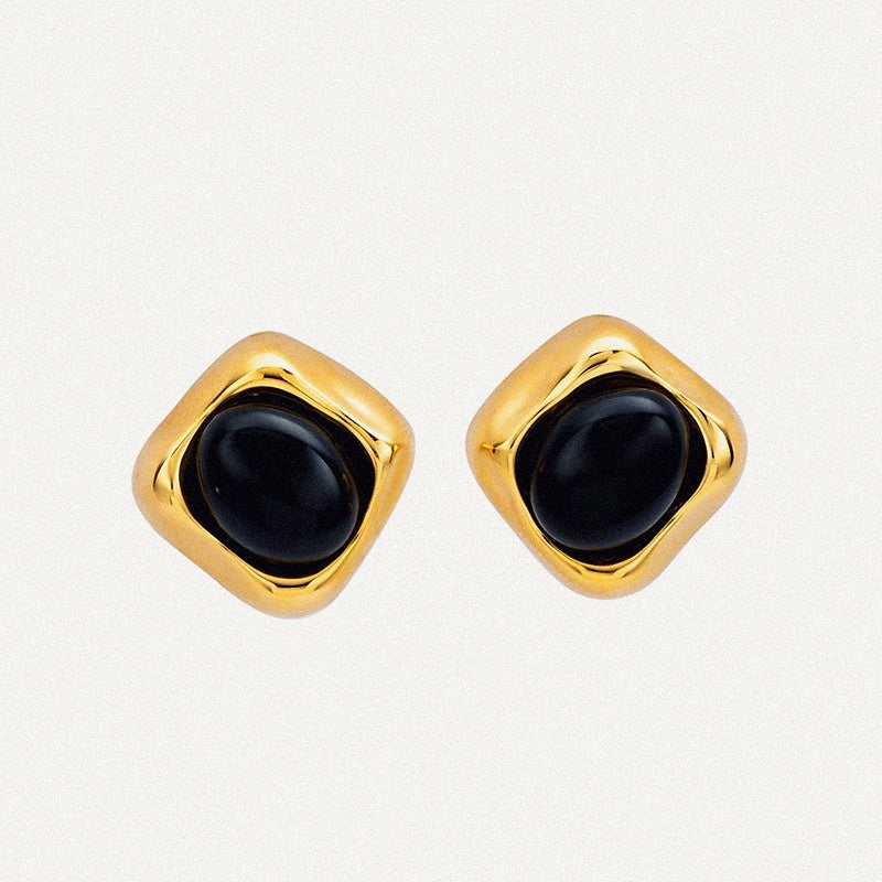 Golden Frame Black Onyx Stud Earrings