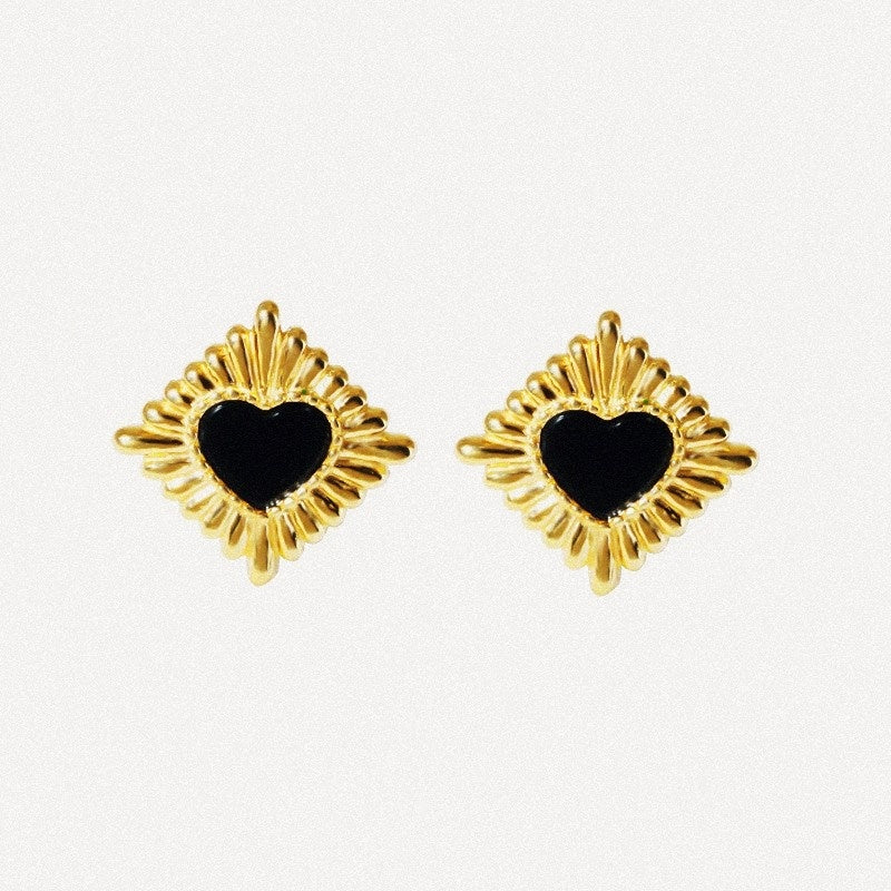 Black Heart Sunburst Stud Earrings